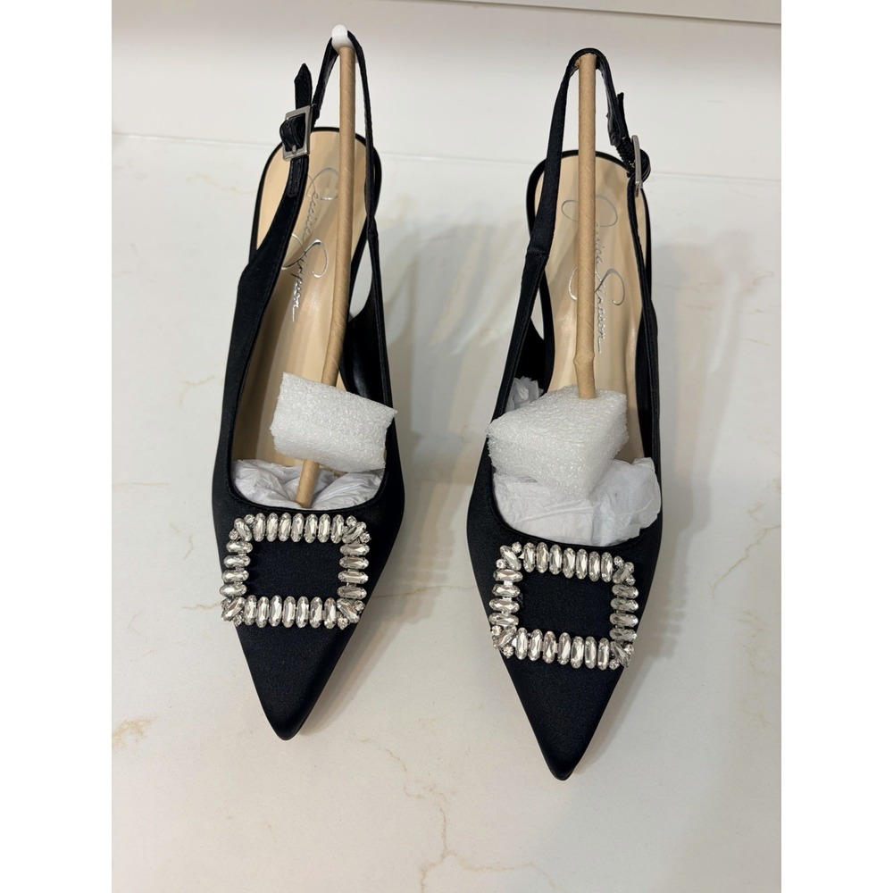 Jessica Simpson Women's Black Pointed Toe Slingback Heels Buckle Eyelet 9